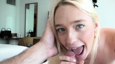 Brand new 18 yr old blonde sucks a fat cock POV style