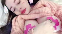 Busty curly brunette with big boobs fucks on couch