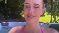 Busty curly brunette with big boobs fucks on couch