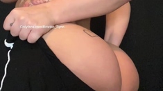 Busty curly brunette with big boobs fucks on couch