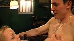Blonde schoolgirl does blowjob and handjob for guys